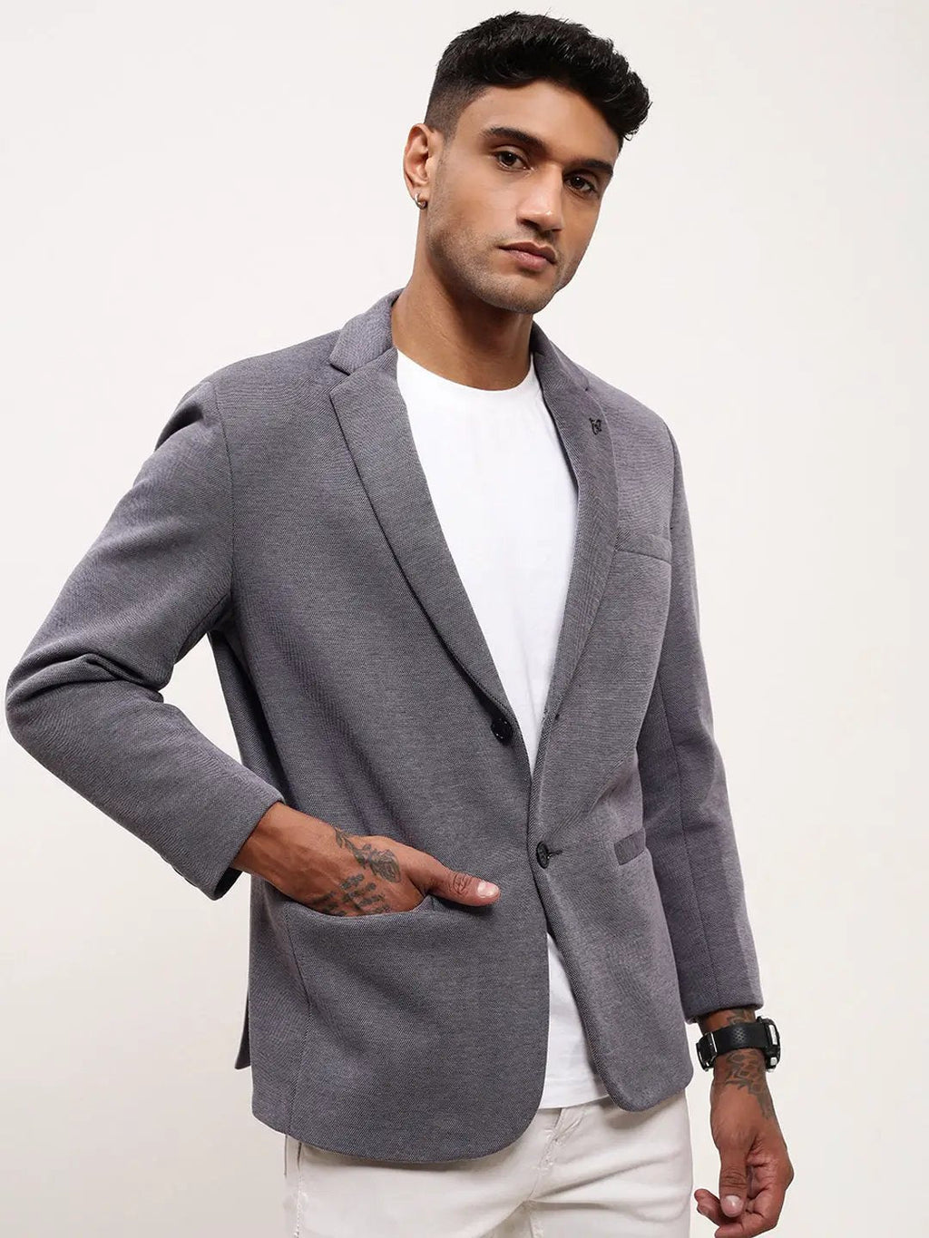 Men's Blue Solid Single Breasted Blazer