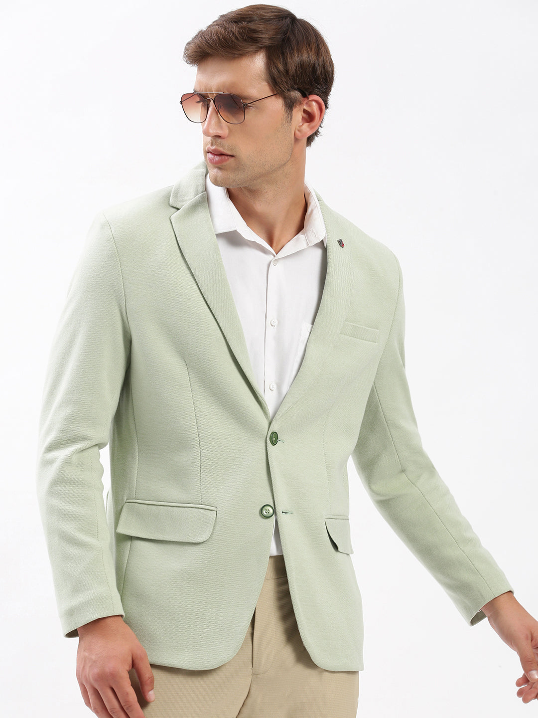 Men's Green Notched Lapel Collar Slim-Fit Single Breasted Blazer