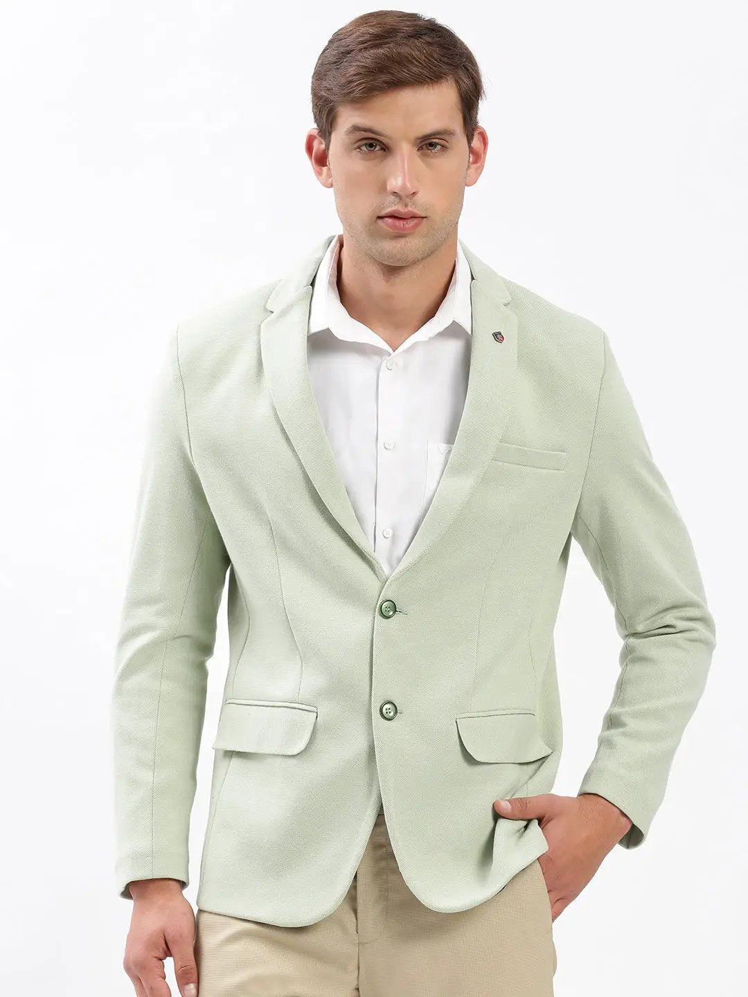 Men's Green Notched Lapel Collar Slim-Fit Single Breasted Blazer