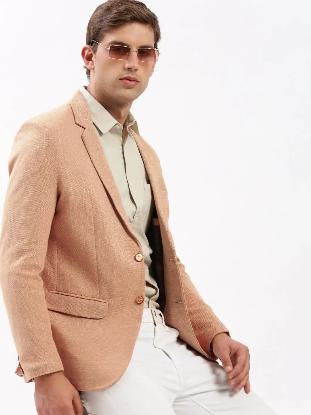 Men's Notched Lapel Solid Peach Blazer