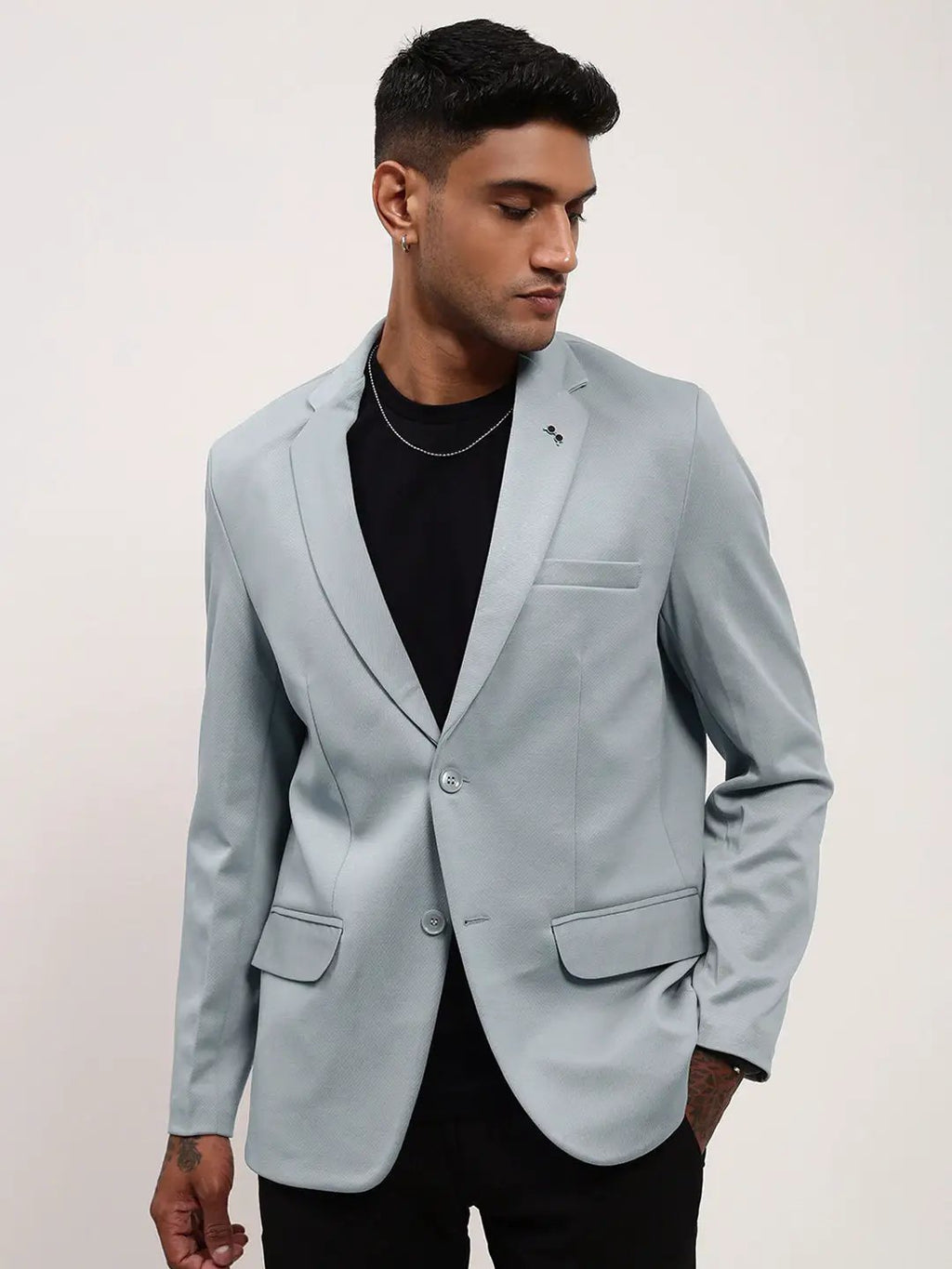 Men's Blue Solid Single Breasted Blazer