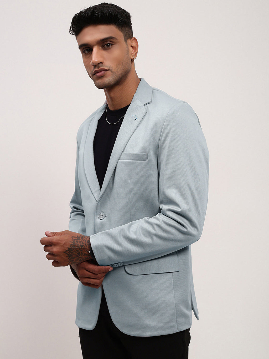 Men's Blue Solid Single Breasted Blazer