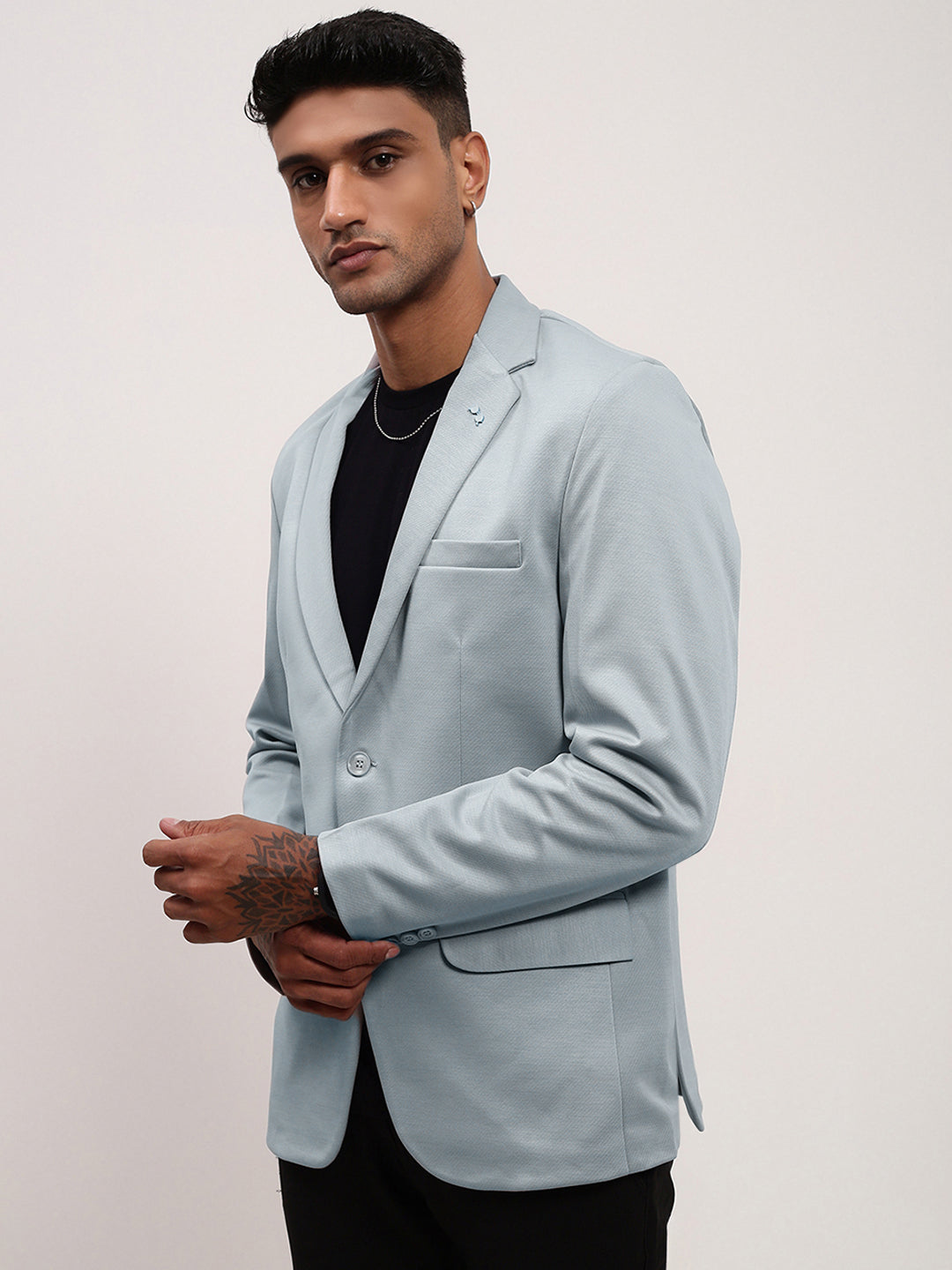Men's Blue Solid Single Breasted Blazer