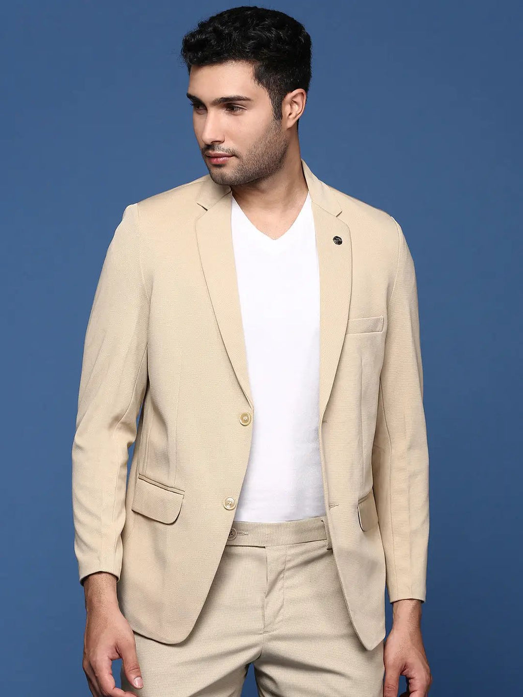 Men's Beige Solid Single-Breasted Blazer