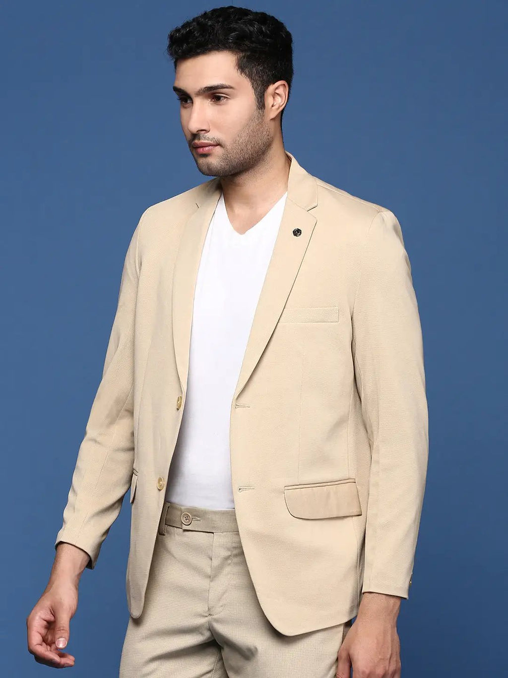Men's Beige Solid Single-Breasted Blazer