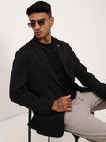 Men's Black Solid Self Design Single Breasted Blazer