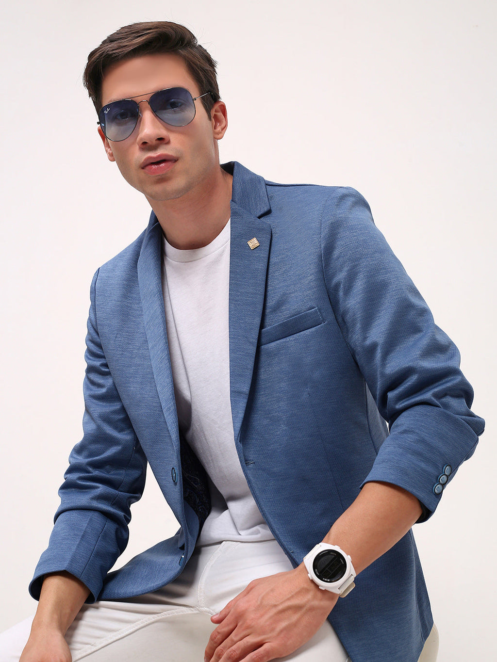 Men's Blue Solid Single Breasted Slim-Fit Blazer