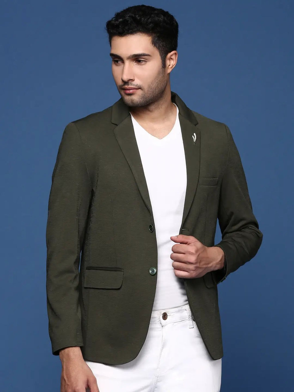Men's DarkGreen Solid Single-Breasted Blazer