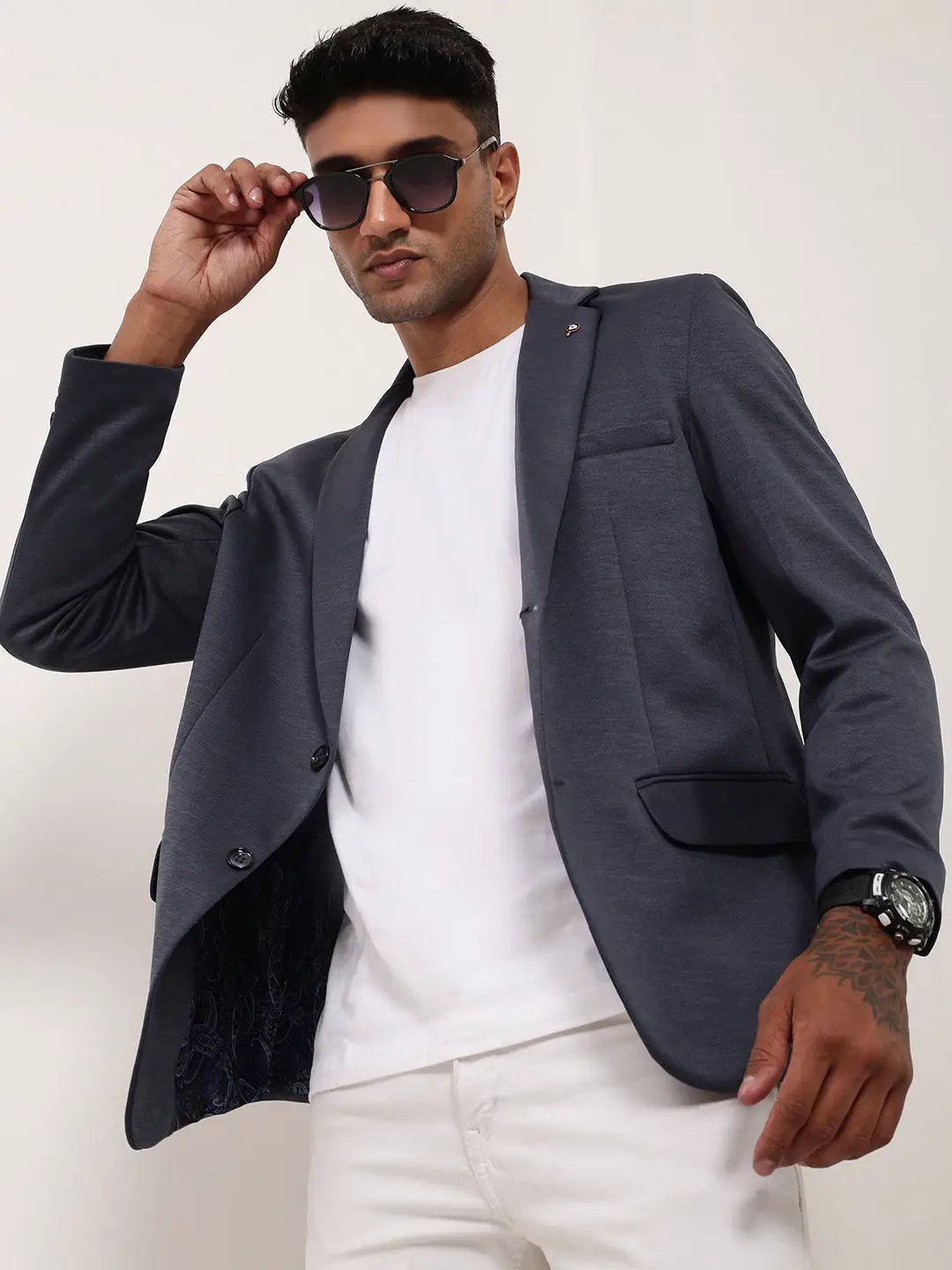 Men's Grey Single-Breasted Cotton Slim Fit Blazer