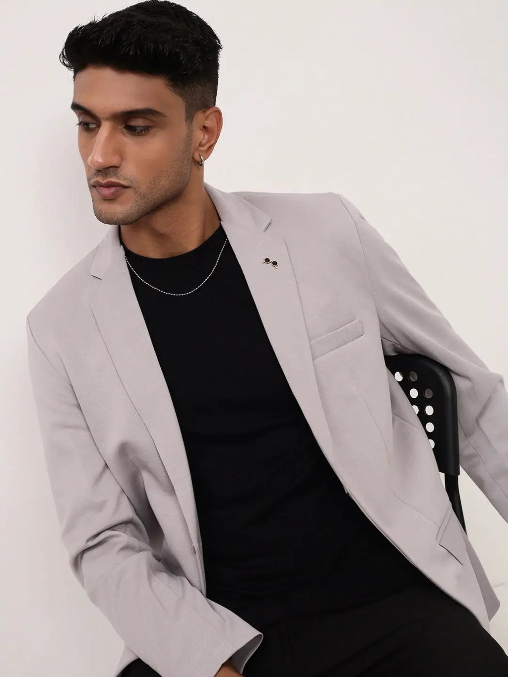 Men's Grey Self Design Single-Breasted Cotton Slim Fit Blazer