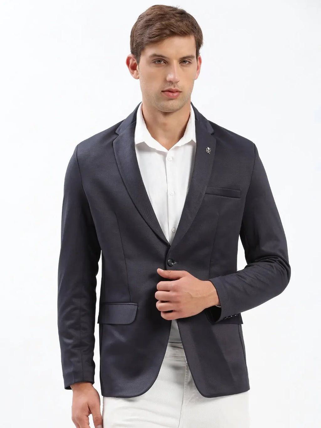Men's Navy Blue Solid Single Breasted Blazer