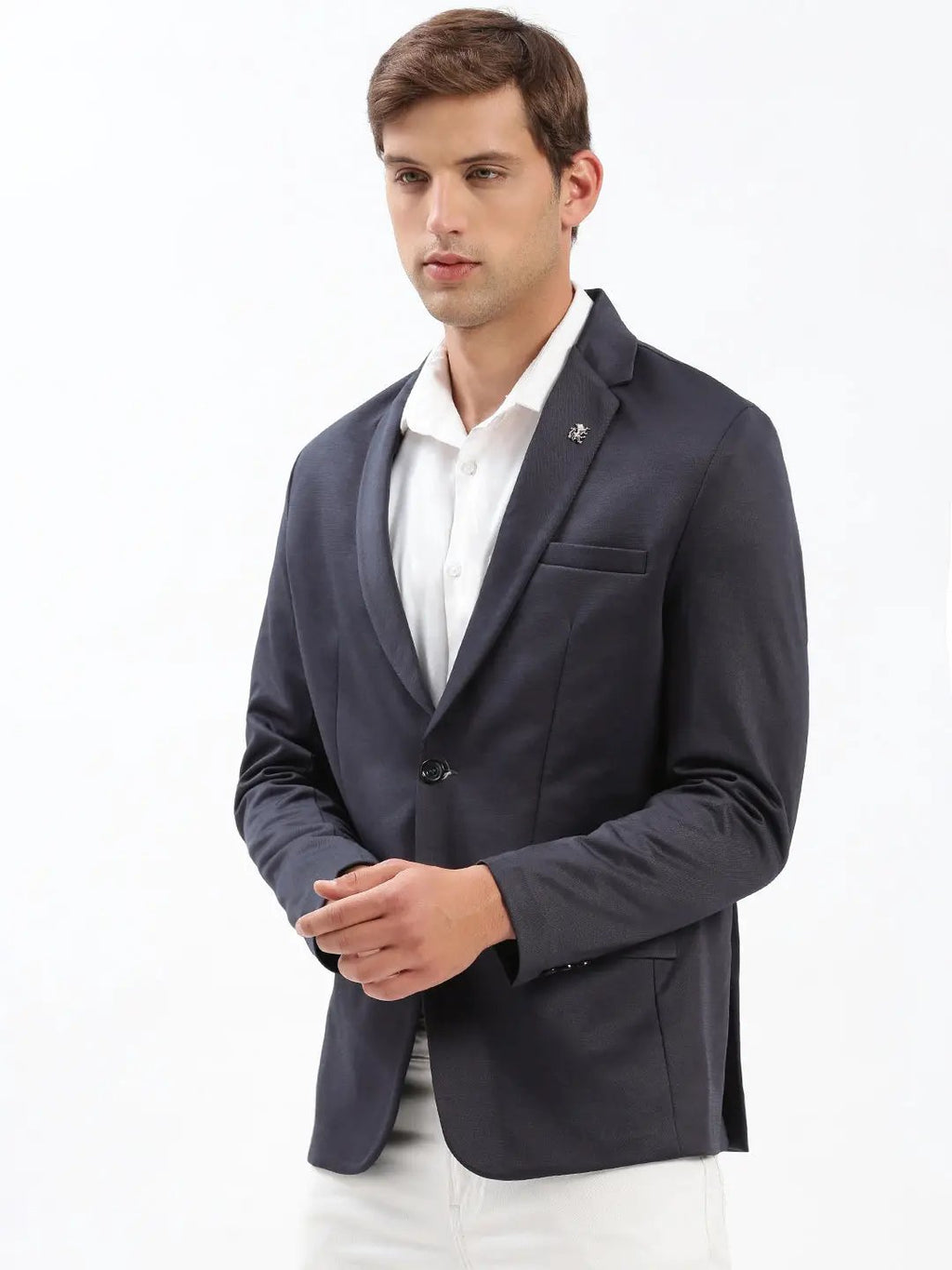 Men's Navy Blue Solid Single Breasted Blazer