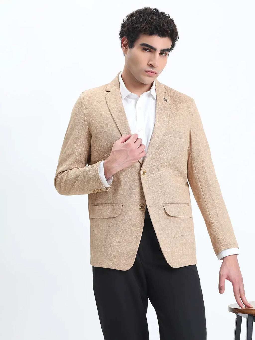 Men's Printed Beige Single-Breasted Slim Fit Blazer
