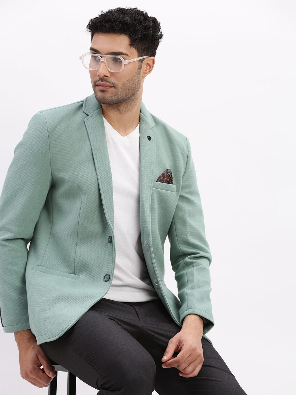 Men's Sea Green Slim-Fit Single-Breasted Notched Lapel Collar Casual Blazer