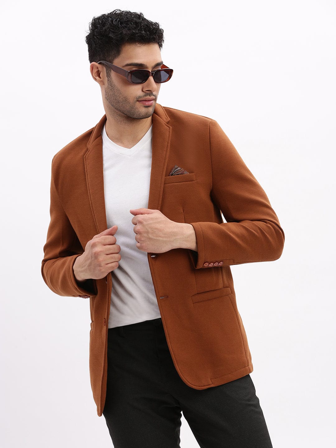 Men's Brown Slim Fit Cotton Single Breasted Blazer