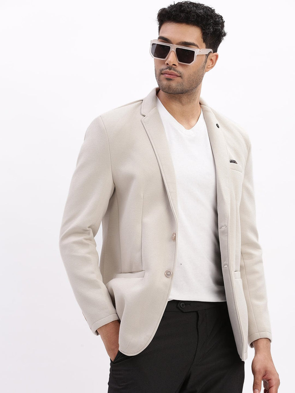 Men's Cream Slim-Fit Single Breasted Notched Lapel Collar Cotton Casual Blazer