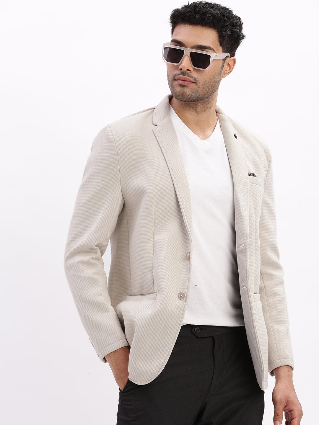 Men's Cream Slim-Fit Single Breasted Notched Lapel Collar Cotton Casual Blazer