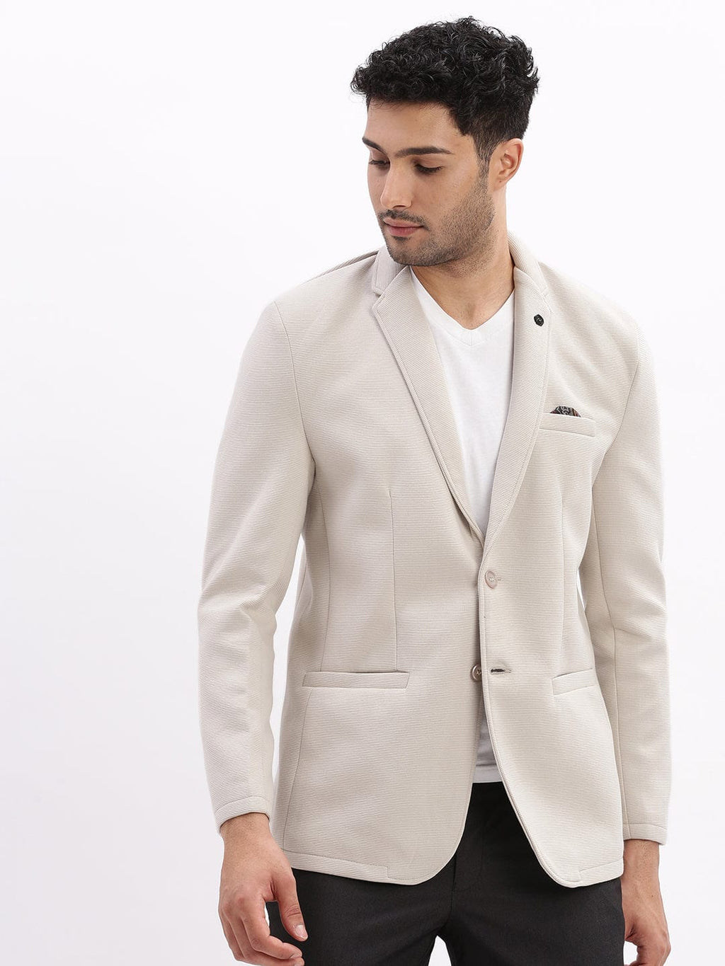 Men's Cream Slim-Fit Single Breasted Notched Lapel Collar Cotton Casual Blazer