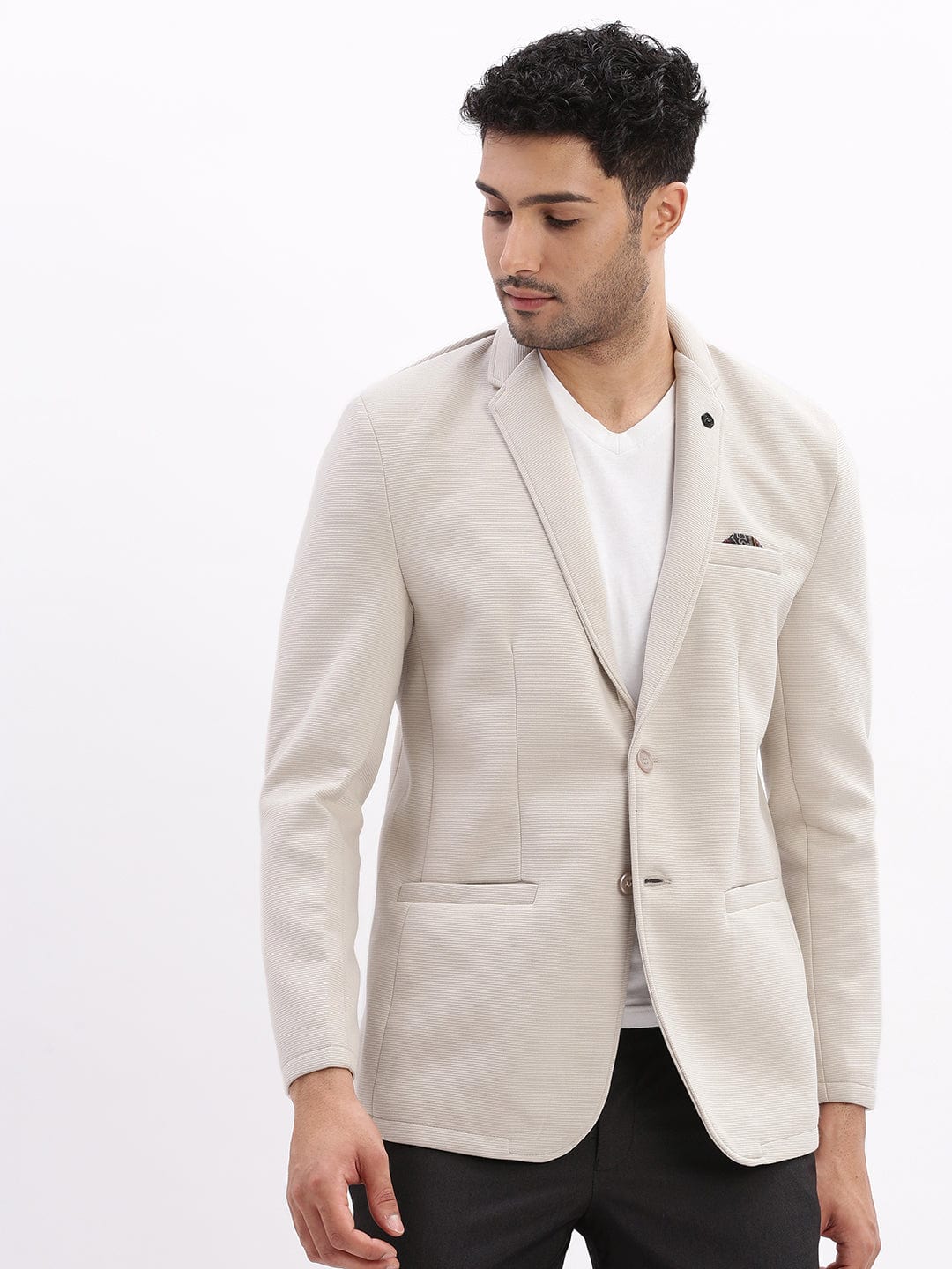 Men's Cream Slim-Fit Single Breasted Notched Lapel Collar Cotton Casual Blazer