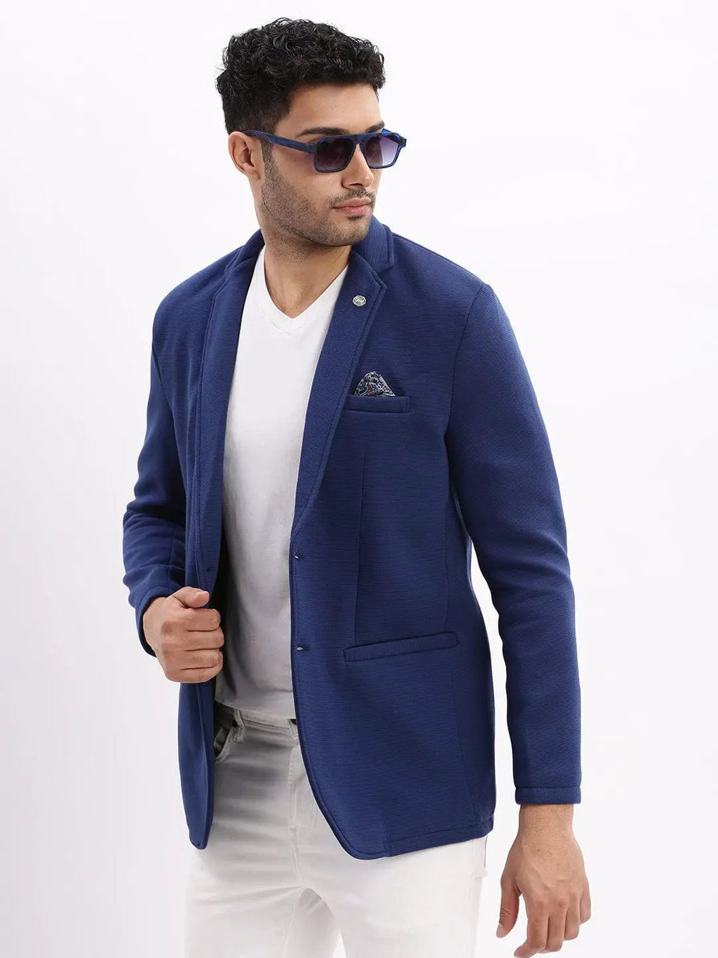 Men's Navy Blue Slim-Fit Single-Breasted Notched Lapel Collar Casual Blazer