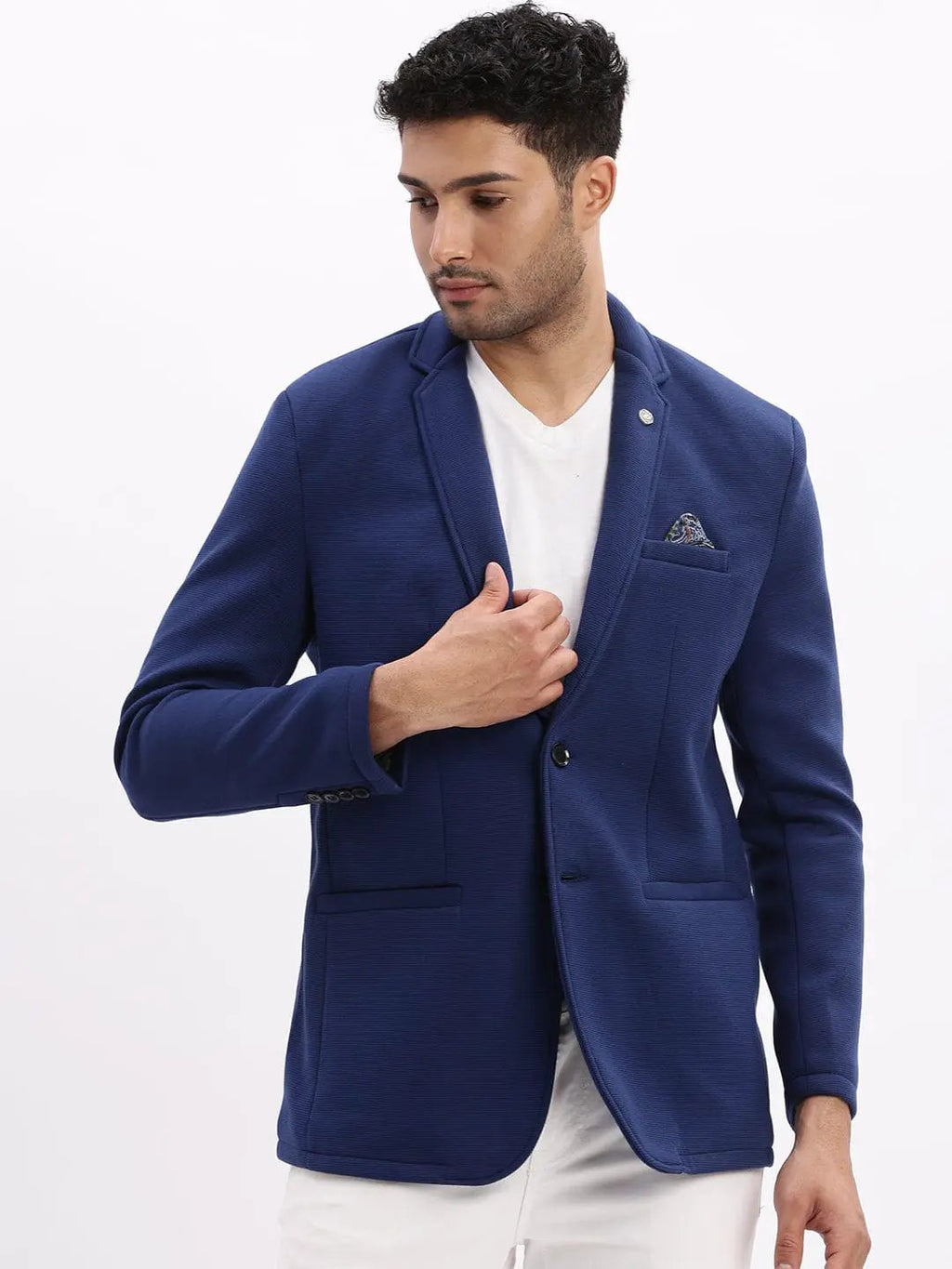 Men's Navy Blue Slim-Fit Single-Breasted Notched Lapel Collar Casual Blazer