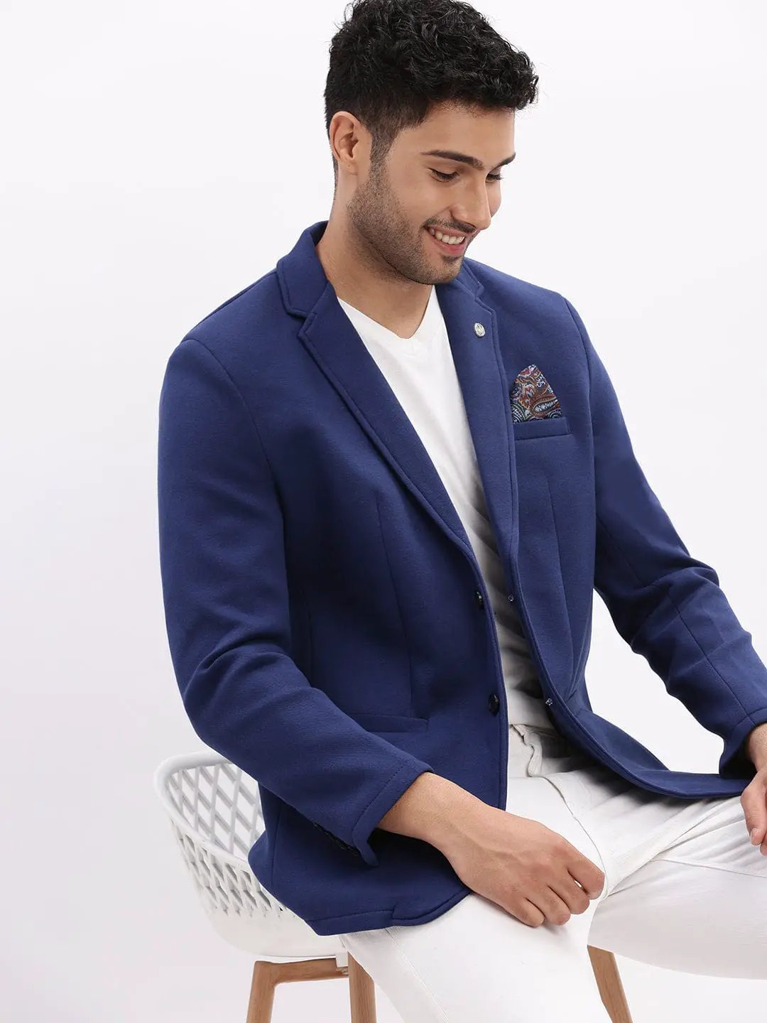 Men's Blue Slim-Fit Notched Lapel Collar Single Breasted Casual Blazer