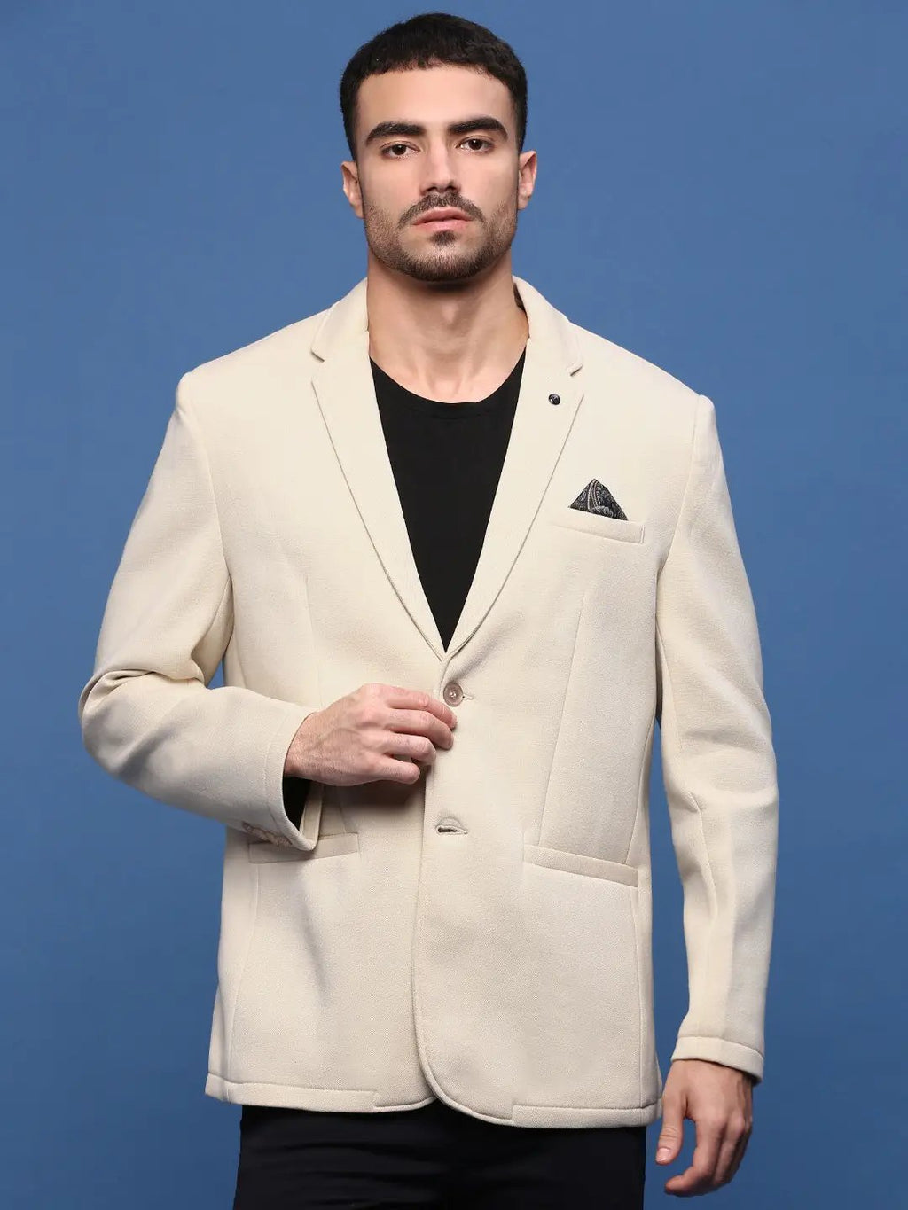 Men's Cream Solid Single Breasted Cotton Blazer