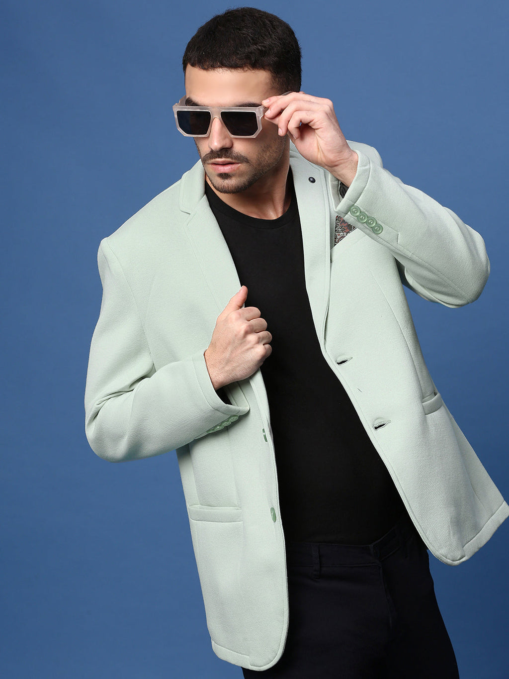 Men's Sea Green Slim Fit Single Breasted Notched Lapel Cotton Blazers