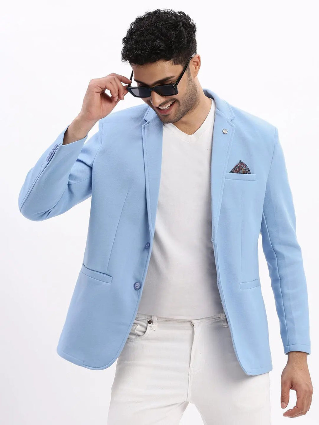 Men's Blue Slim-Fit Single Breasted Notched Lapel Collar Cotton Casual Blazer