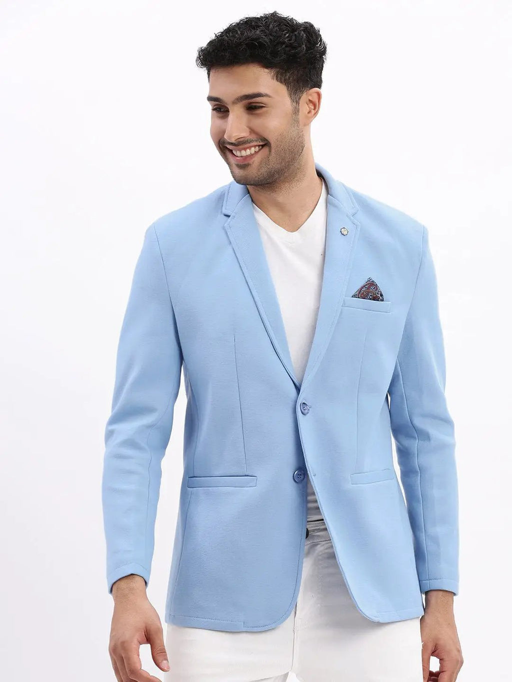 Men's Blue Slim-Fit Single Breasted Notched Lapel Collar Cotton Casual Blazer