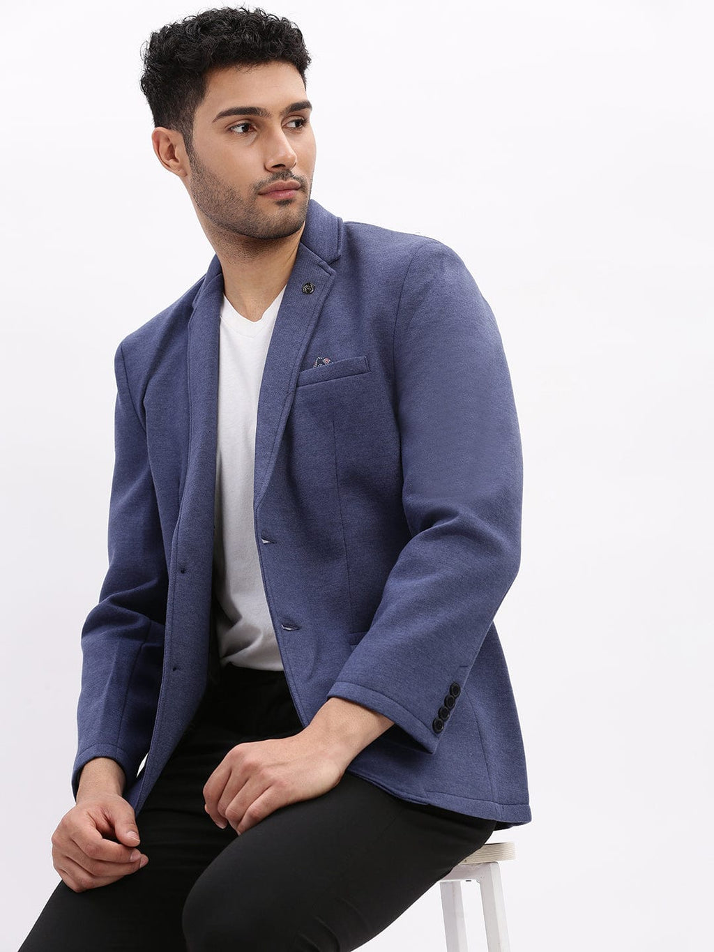 Men's Blue Notched Lapel Slim Fit Cotton Single Breasted Blazer