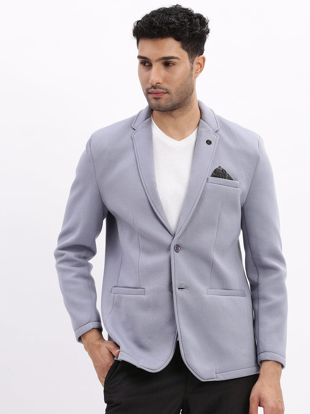 Men's Blue Notched Lapel Slim Fit Cotton Single Breasted Blazer