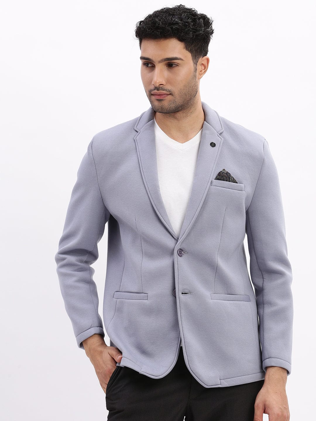 Men's Blue Notched Lapel Slim Fit Cotton Single Breasted Blazer