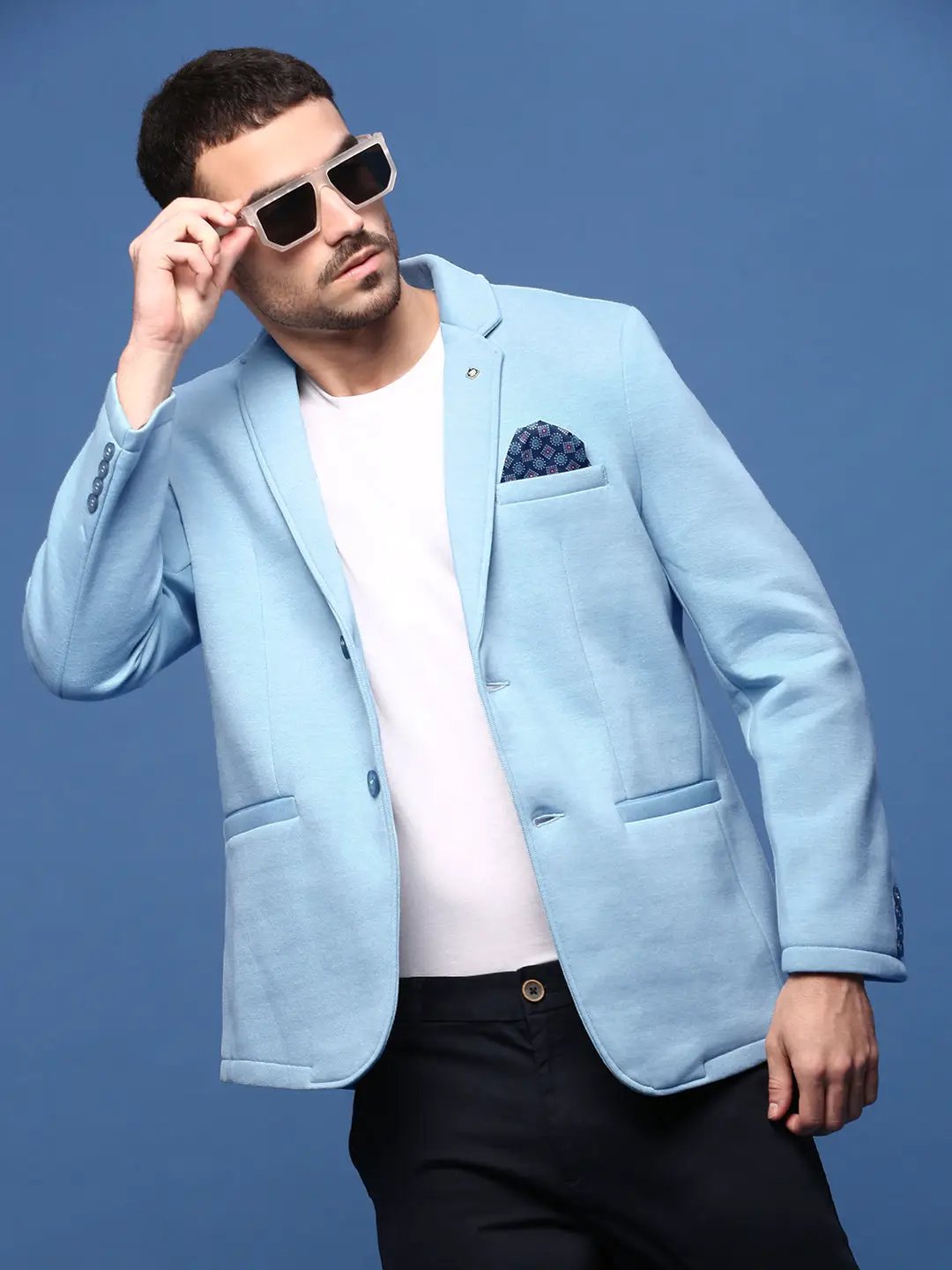 Men's Blue Slim Fit Single Breasted Cotton Blazer