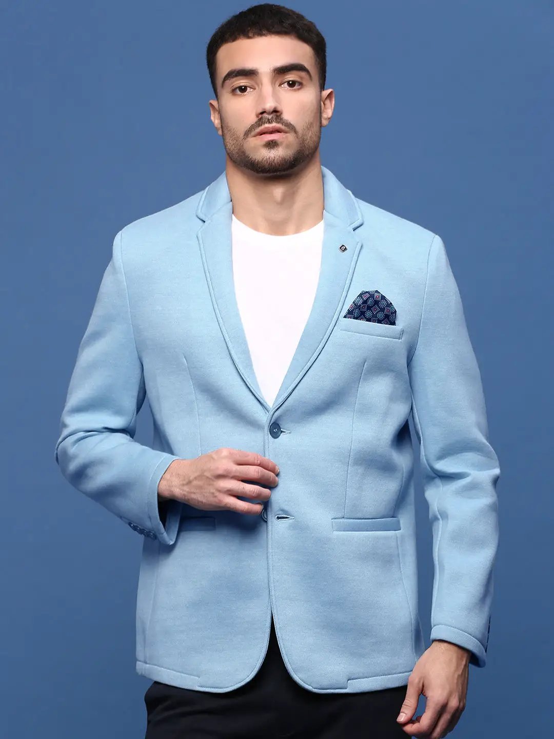 Men's Blue Slim Fit Single Breasted Cotton Blazer