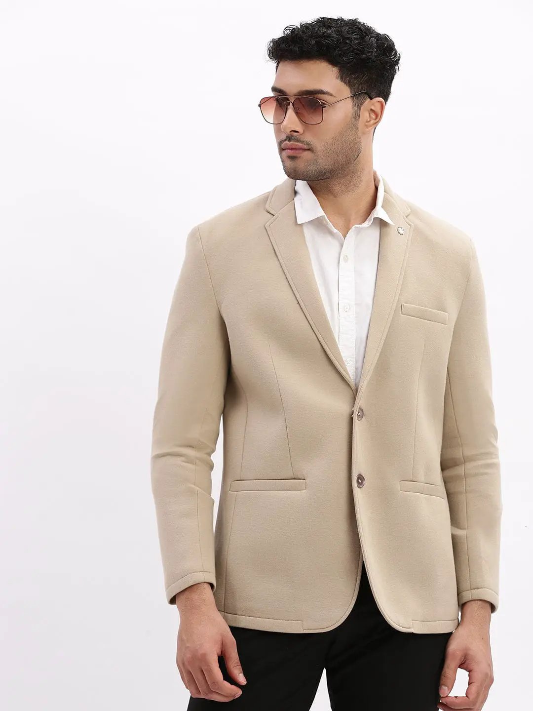 Men's Beige Slim Fit Cotton Single Breasted Blazer