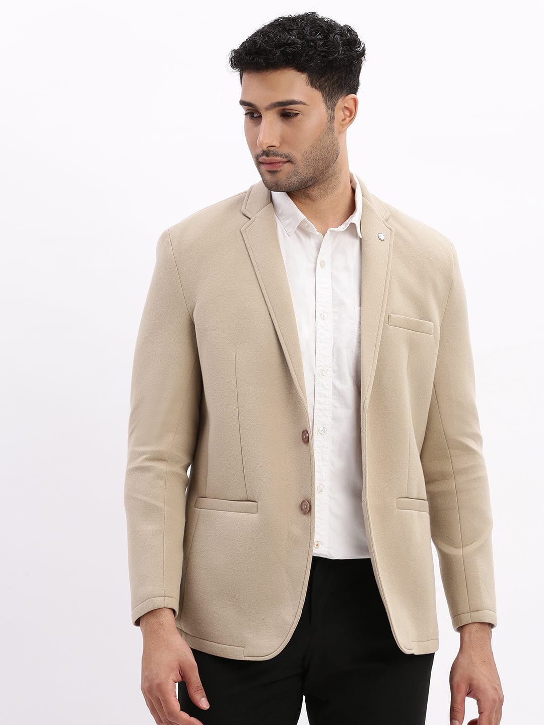 Men's Beige Slim Fit Cotton Single Breasted Blazer