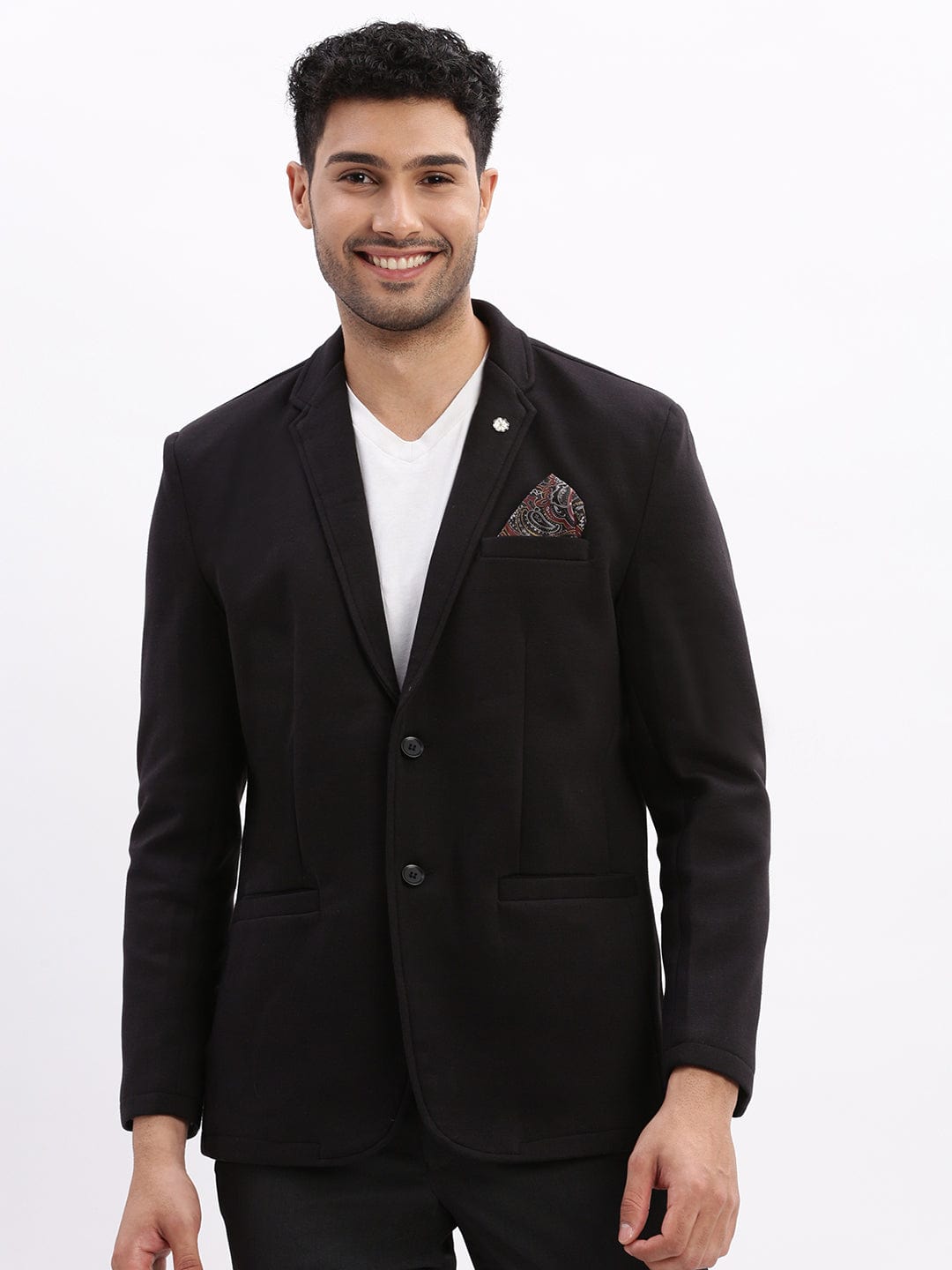 Men's Black Slim-Fit Single Breasted Notched Lapel Collar Cotton Casual Blazer