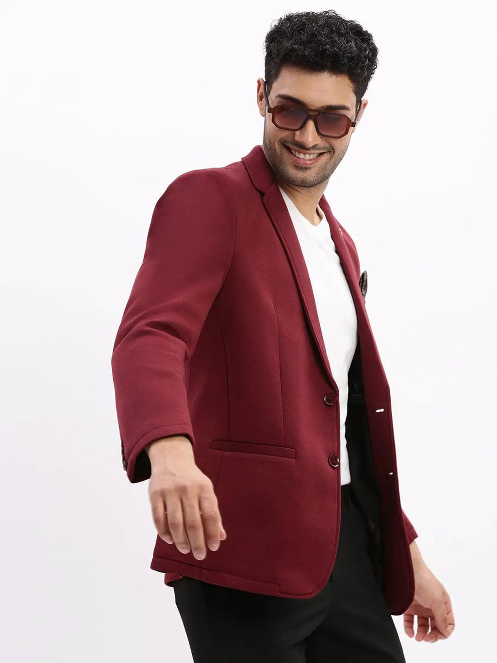 Men's Burgundy Slim-Fit Notched Lapel Collar Single Breasted Cotton Casual Blazer