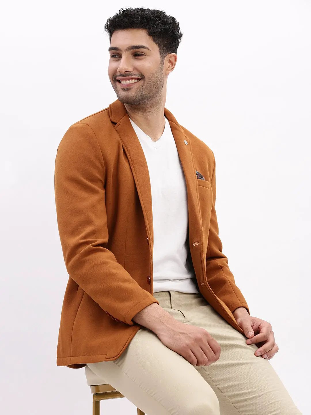 Men's Brown Slim-Fit Single Breasted Notched Lapel Collar Cotton Casual Blazer