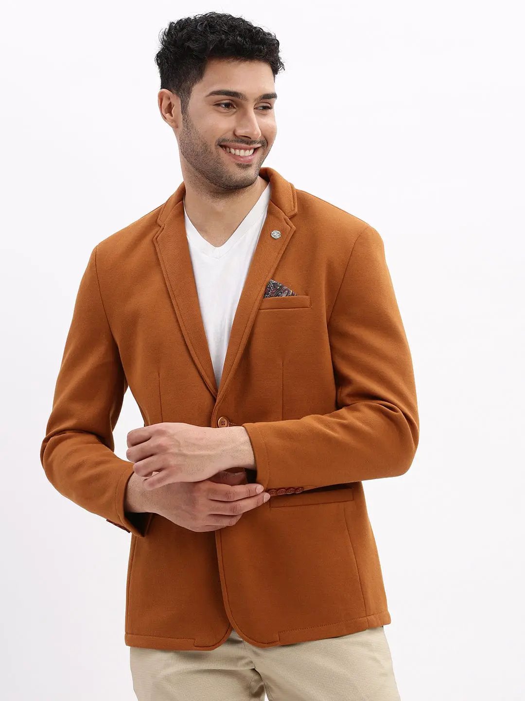 Men's Brown Slim-Fit Single Breasted Notched Lapel Collar Cotton Casual Blazer