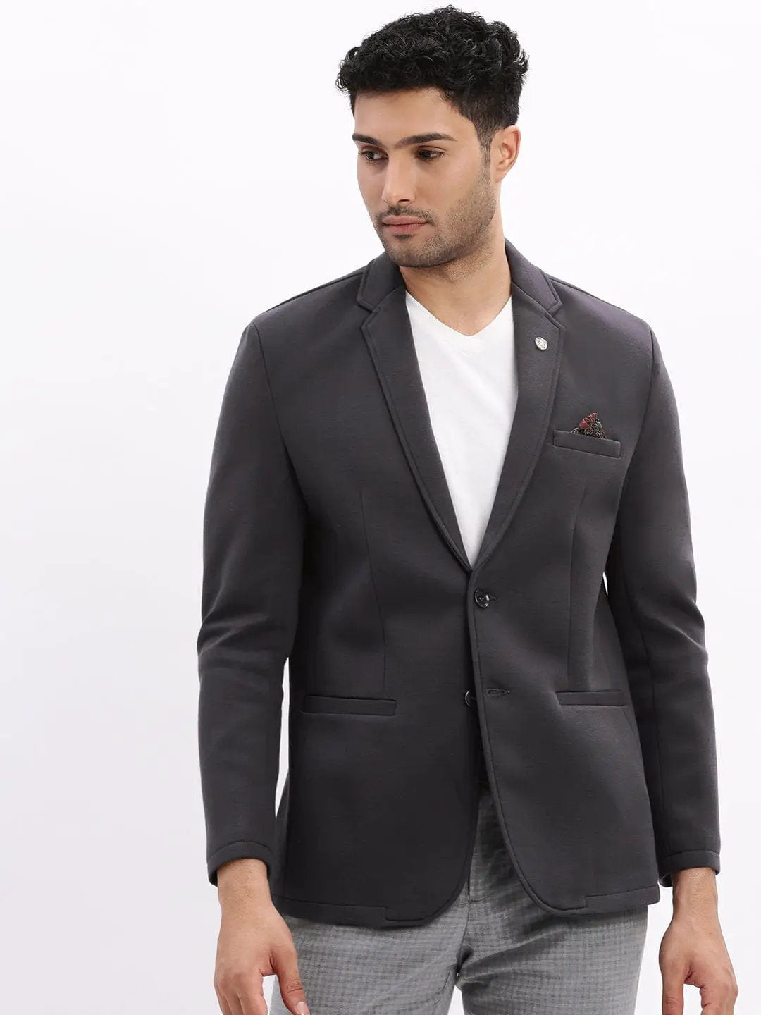 Men's Charcoal Slim-Fit Single Breasted Notched Lapel Collar Cotton Casual Blazer