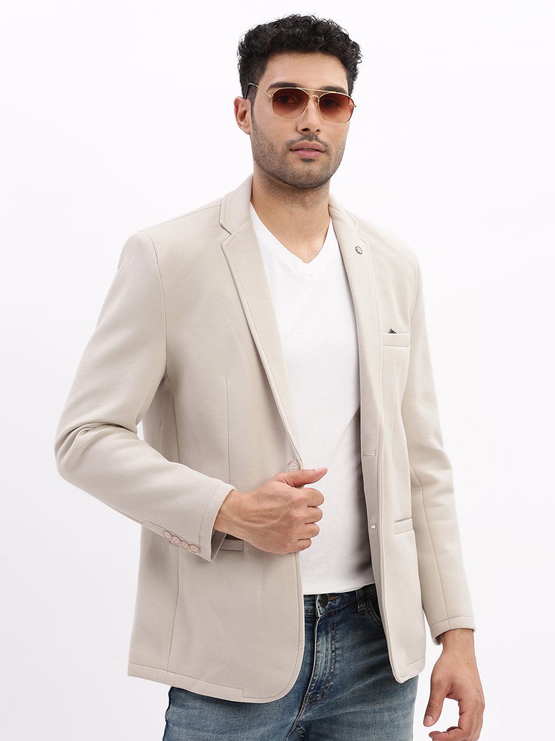 Men's Cream Slim-Fit Single-Breasted Notched Lapel Collar Casual Blazer