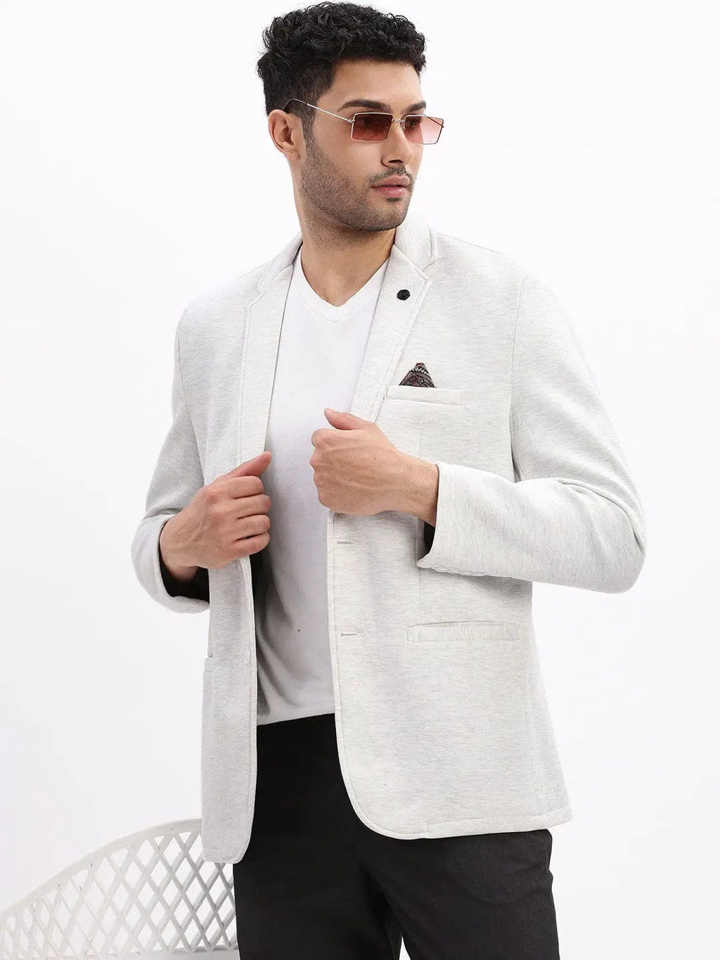 Men's Grey Slim-Fit Single Breasted Notched Lapel Collar Cotton Casual Blazer
