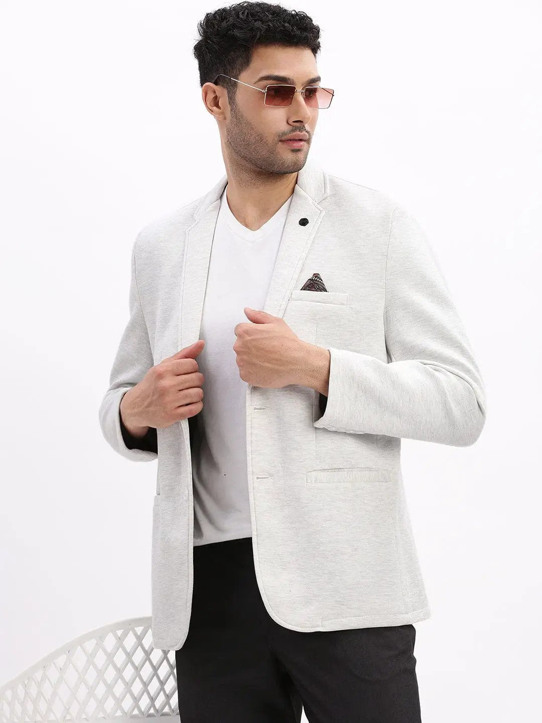 Men's Grey Slim-Fit Single Breasted Notched Lapel Collar Cotton Casual Blazer