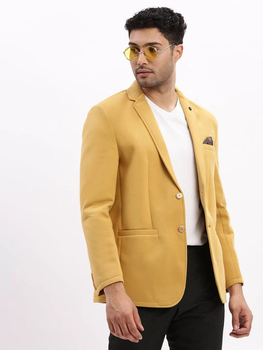 Men's Mustard Slim-Fit Notched Lapel Collar Single Breasted Cotton Casual Blazer