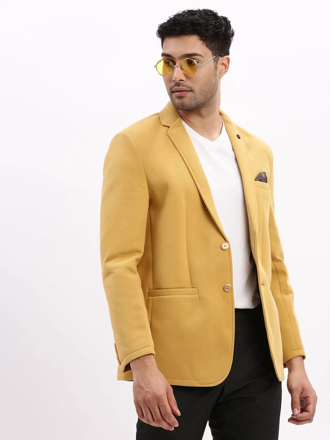 Men's Mustard Slim-Fit Notched Lapel Collar Single Breasted Cotton Casual Blazer