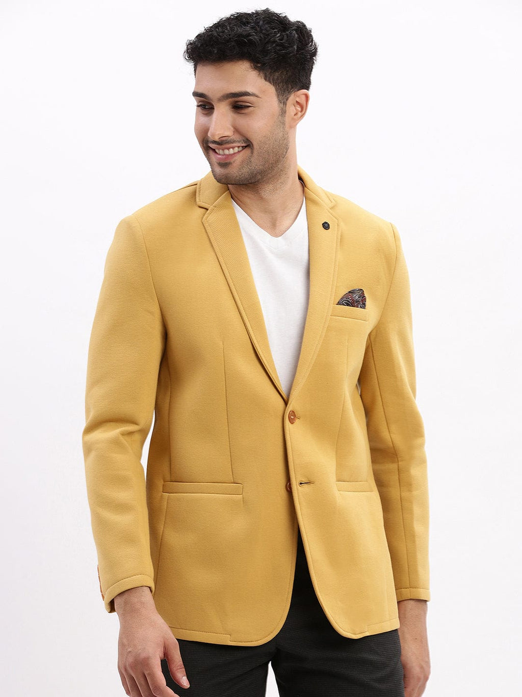 Men's Mustard Slim-Fit Notched Lapel Collar Single Breasted Cotton Casual Blazer