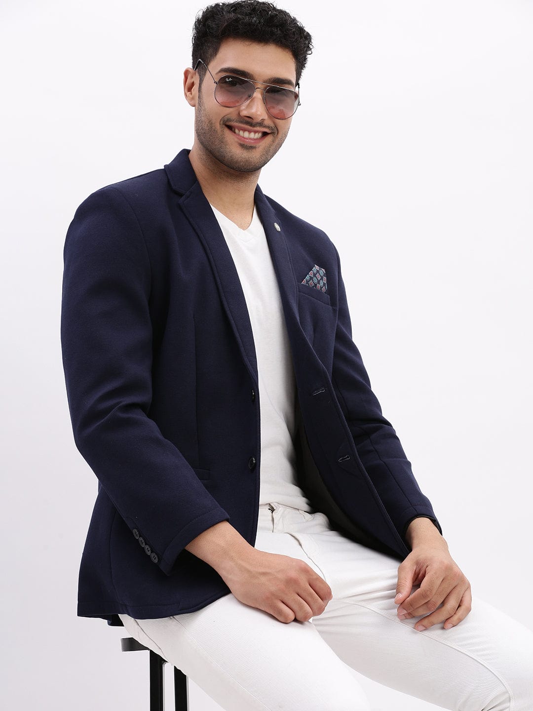 Men's Navy Blue Slim Fit Cotton Single Breasted Blazer