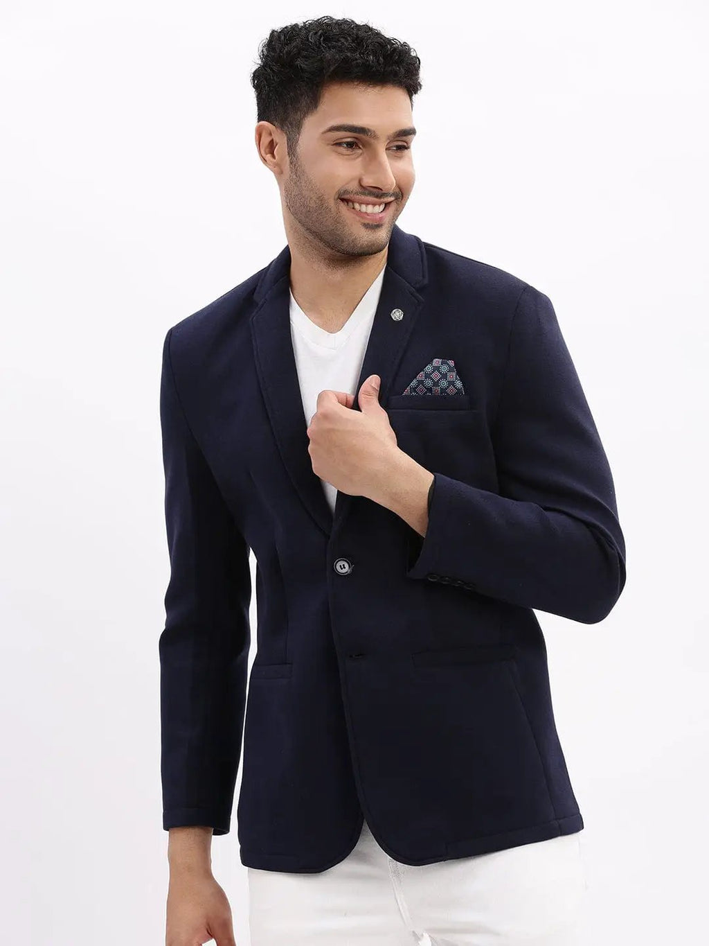 Men's Navy Blue Slim Fit Cotton Single Breasted Blazer